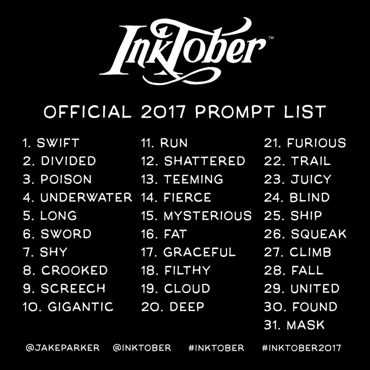 inktober's tweet image. Official rules and prompt list for #inktober2017.