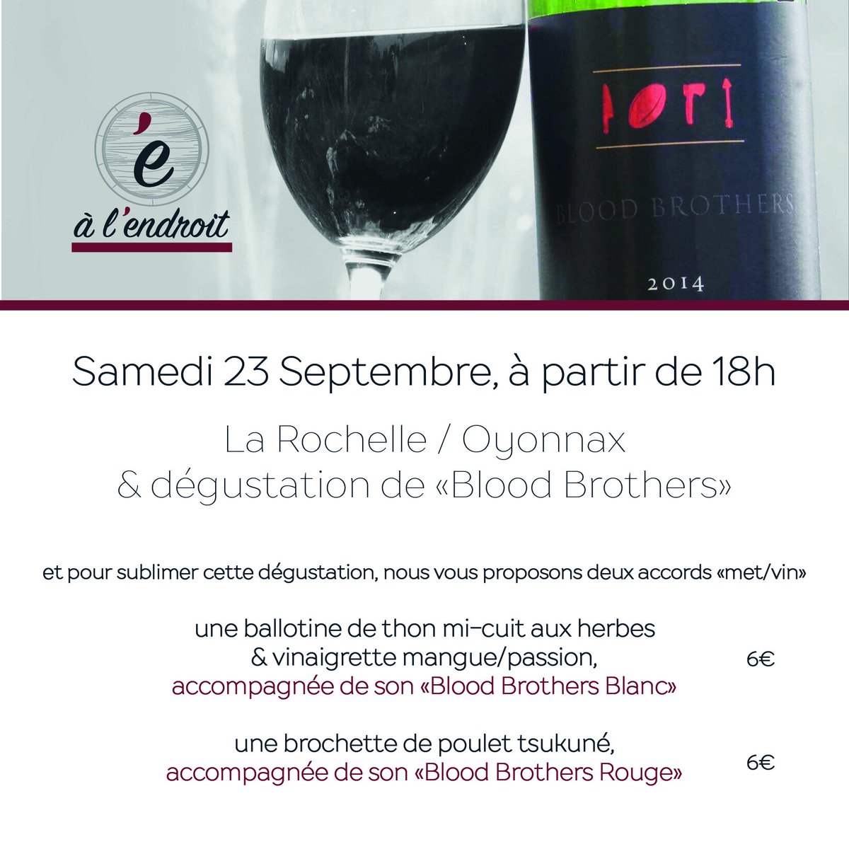 a_lendroit's tweet photo. Venez découvrir le #BloodBrothers et regarder #ASRUSO ! samedi 23 septembre dès 18h #oyonnax #top14 #rugby #vin #tapas https://t.co/HXbuTUJcSC