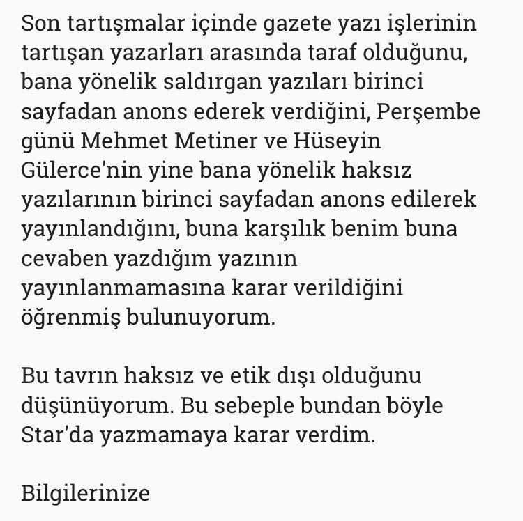 Star'dan ayrıldım. Ayrılma gerekçelerimi Es Medya İcra Kurulu Başkanı Ahmet Bayraktutar'a aşağıdaki yazıyla bildirdim.
