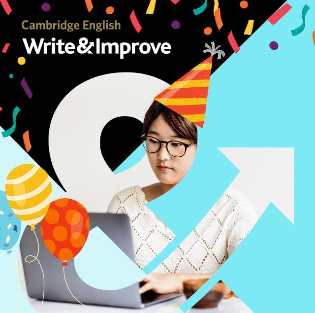 WriteandImprove's tweet photo. Write &amp; Improve is one year old today! We'd love to hear how our free English writing tool for #EFL learners has helped you this year! #ELT https://t.co/KS17gg6C5v