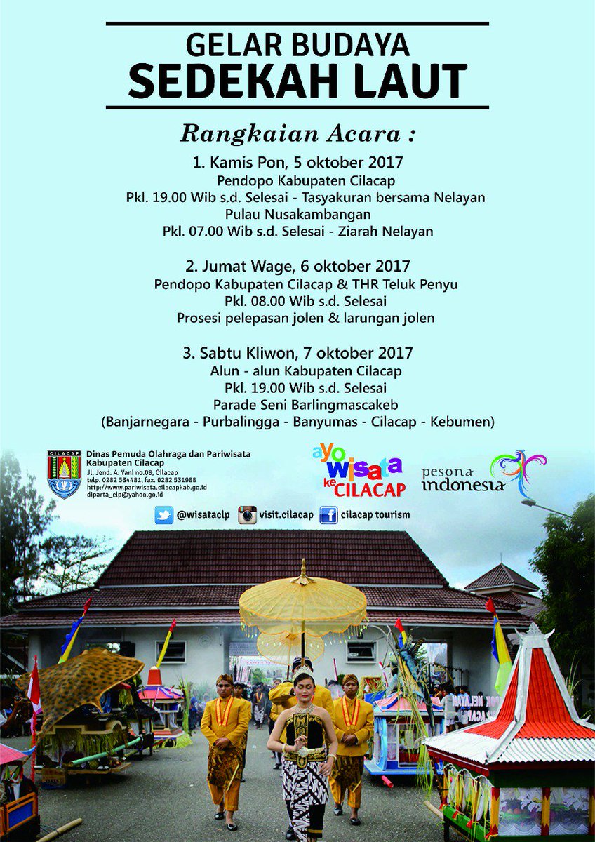 my_cilacap's tweet photo. Annual Event 
"Cilacap Sebagai Kota Destinasi"
Saksikan dan ikuti 
5-7 Oktober 2017 Ke Kota Cilacap Ya 

#PesonaSLC #Cilacap https://t.co/hyRNXbREZk