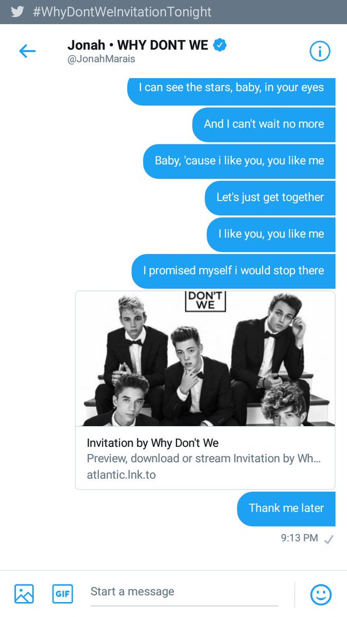 J0yN0rah222's tweet photo. Hey @JonahMarais peep in yo hunny😂
#WhyDontWeInvitationTonight #InvitationWhyDontWe https://t.co/MAjtmaIDmB
