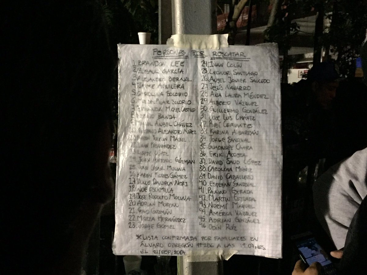 Paco_rolo's tweet photo. Lista de personas por rescatar en Álvaro Obregón 286. Las familias temen que la autoridad decida meter maquinaria pesada https://t.co/krAT9ZKVlG