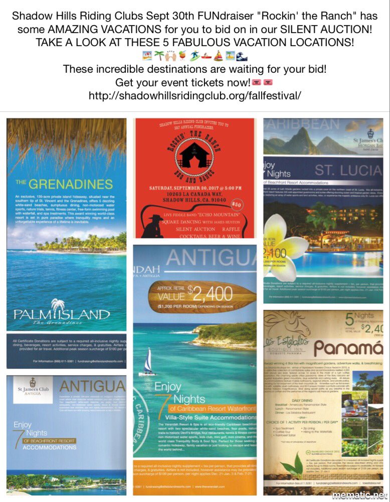tweetSHRC's tweet photo. Ck out these incredible #vacations n r #silentauction 4u 2 bid on @ r sept30 #fundraiser! Help support #equinetherapy 4 #kids &amp; #Veterans🐴🇺🇸 https://t.co/OzpyyhG1Y2