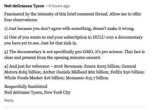 mark_lynas's tweet photo. As @foodevomovie rights go to Hulu, @neiltyson weighs in on the comment thread as the anti-Monsanto trolls go nuts: https://t.co/In2MphdYvA https://t.co/yXr0OkPhj1