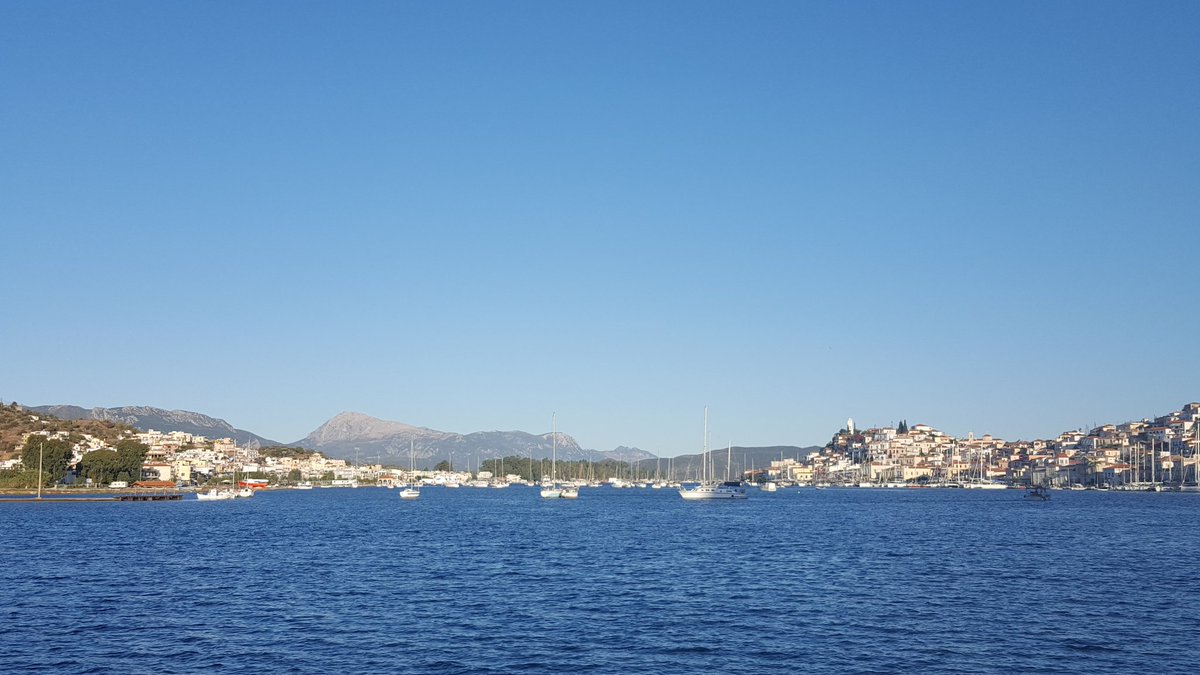 Poros as the sunrise comes over the Island and onto the harbour, loving our trip with <a href="/AtlasSailing/">Atlas Sailing</a>