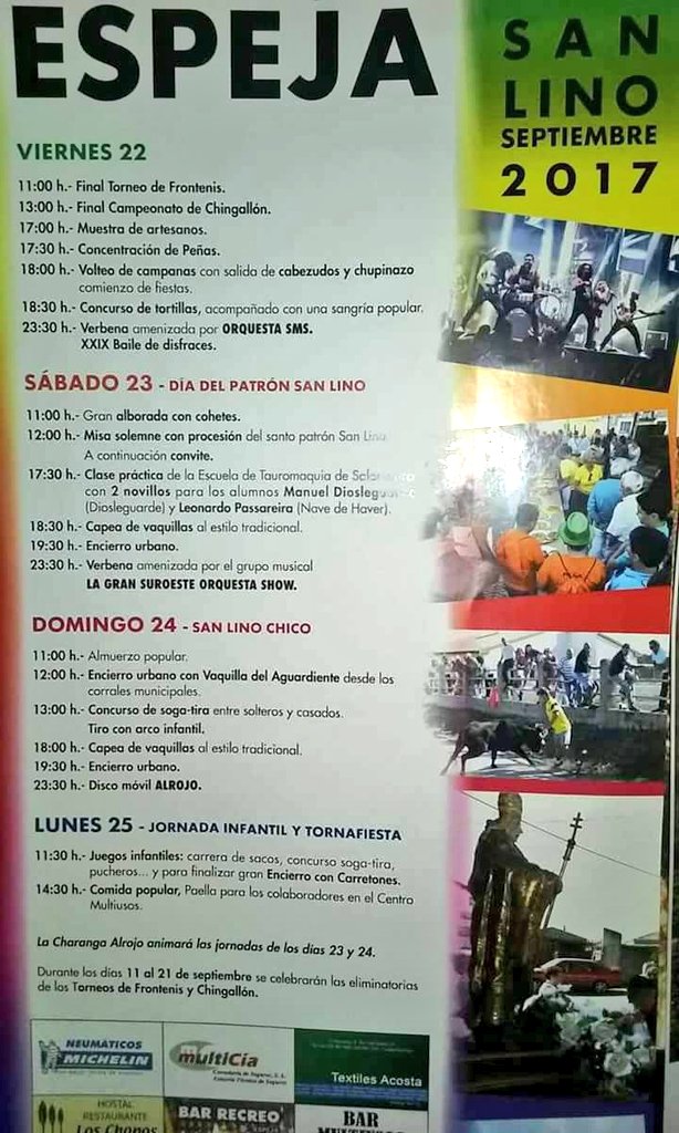 Comienza #SanLino2017
22 sep. - vísperas
11a13h Finales
17h Artesanos 
17,30h Peñas
18h Volteo
18,30h Concurso tortillas
23,30h <a href="/OrquestaSMS/">Orquesta SMS</a>