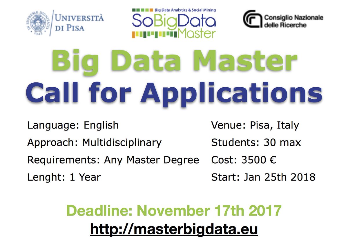 #CallForApplication for the #Master program in #BigData, open for students of all disciplines
Deadline: November 17th 2017
#DataScience