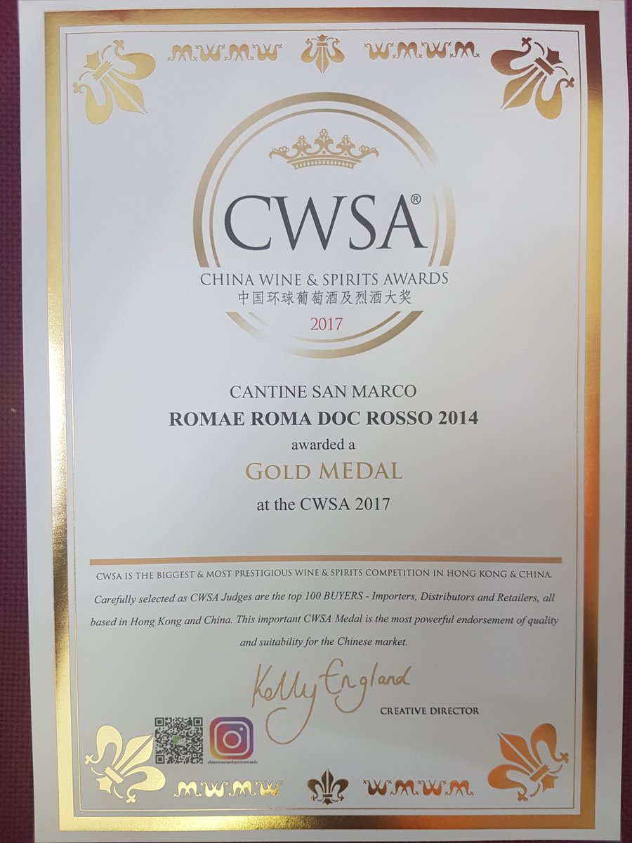 cantinesanmarco's tweet photo. Cantine San Marco awarded  a gold medal at the CWSA 2017 #RomaeDoc #SoloShiraz #goodnews #Italywine https://t.co/KmUpazmwwM