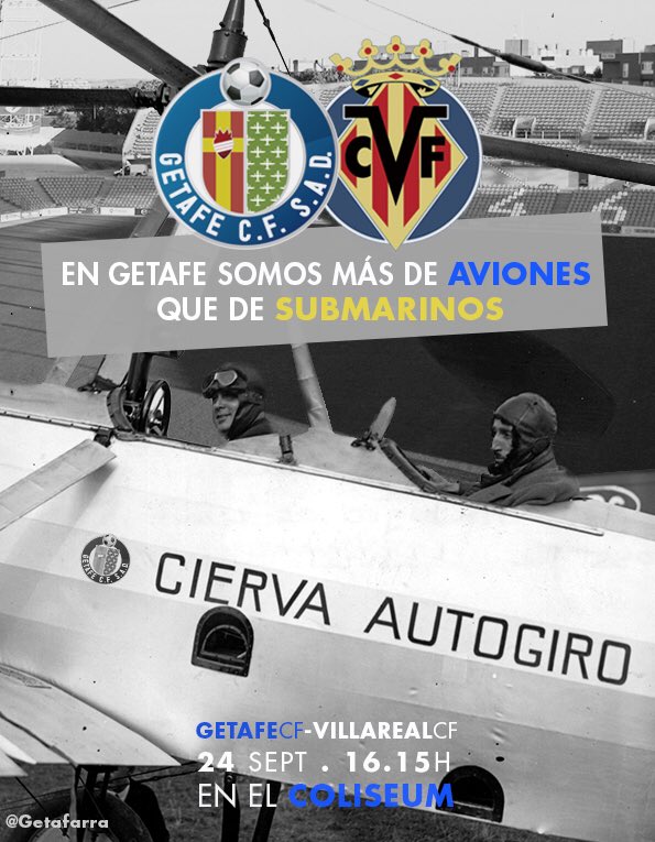 getafarra's tweet photo. CARTEL I @GetafeCF vs @VillarrealCF. ¡En Getafe siempre hemos sido más de aviones! #GetafeVillareal #VamosGeta #laliga #cunadelaaviación https://t.co/9GmnzLQBGg