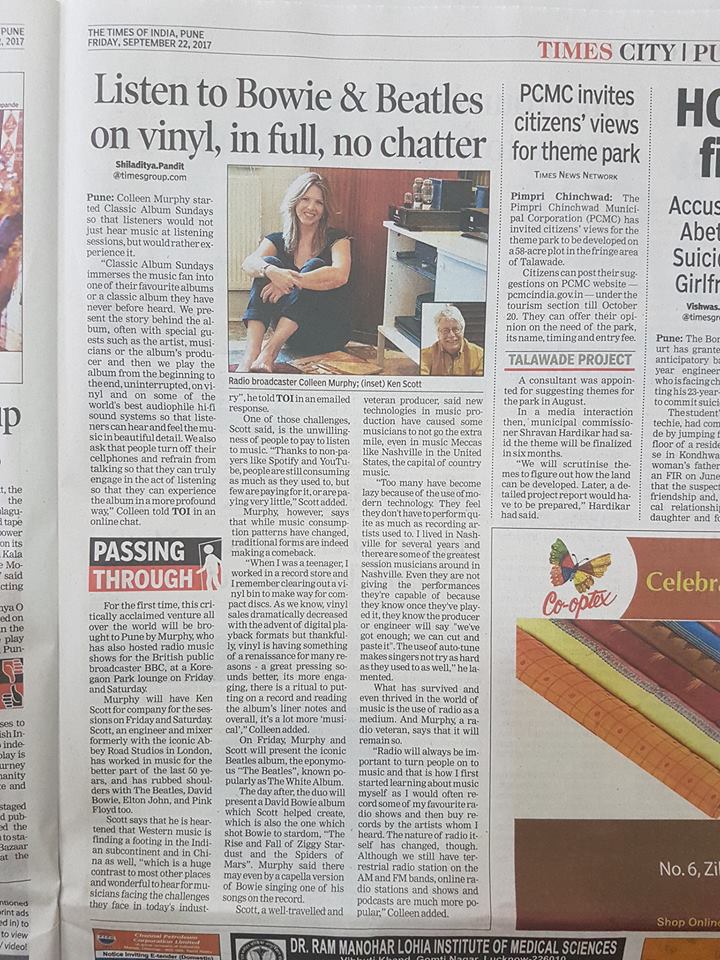 Thanks to @timesofindia for this wonderful feature ahead of our CAS sessions with @KScottProducer at the @AudioLoungeIND this weekend #Bowie