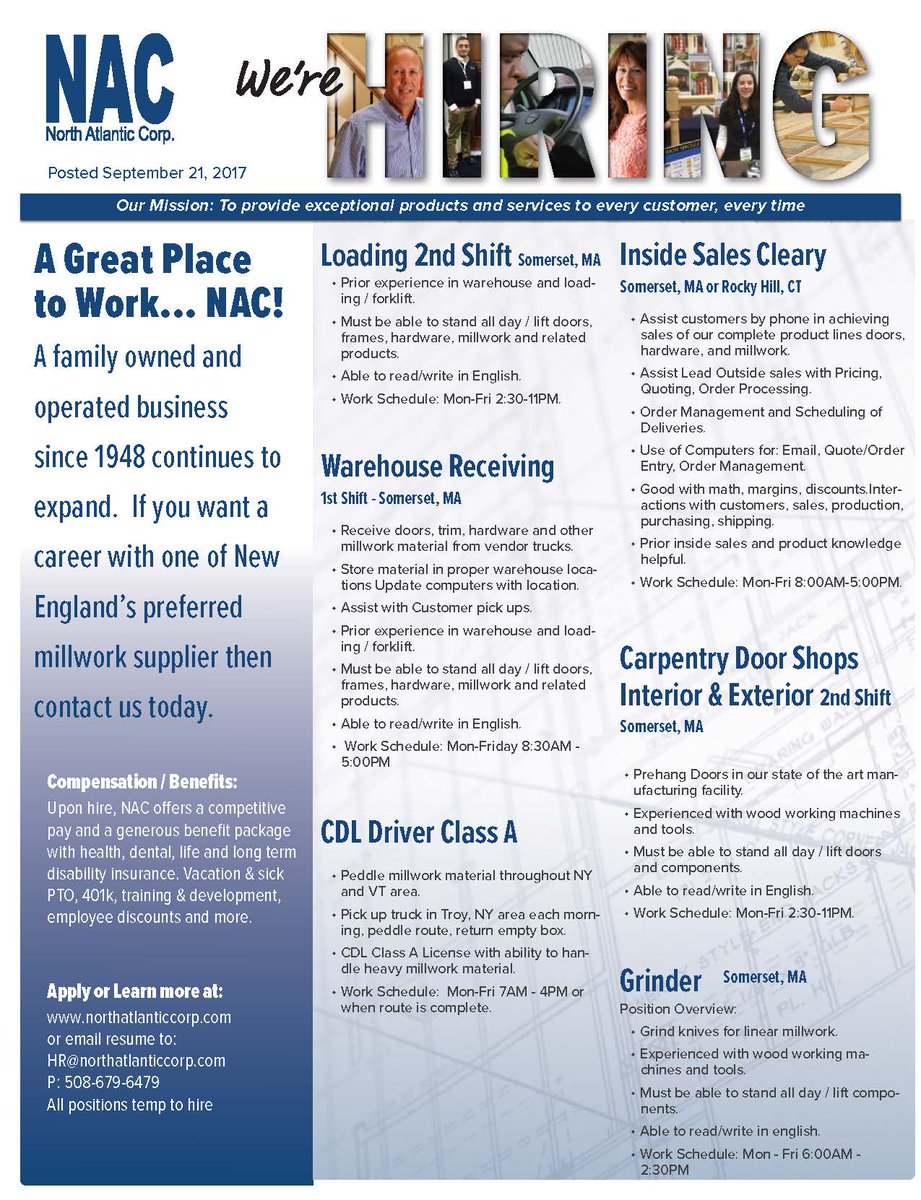 Horner Millwork On Twitter Nac Is Hiring Door Shops Warehouse Cdl Driver More Email Resume To Hr At Northatlanticcorp Dot Com Hiring Https T Co S0de3z0msg