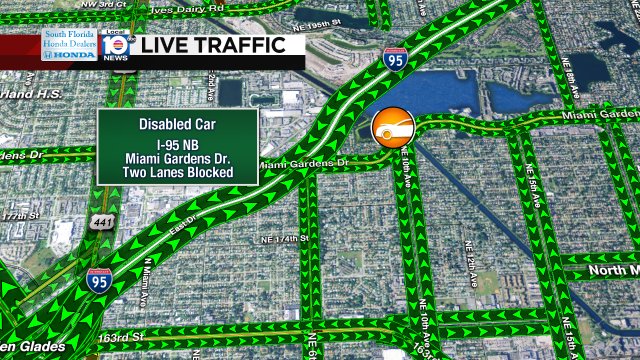 DISABLED CAR: I-95 NB & Miami Gardens Dr. Two lanes are blocked. #TRAFFIC #MIAMI https://t.co/GTQaztwW6D