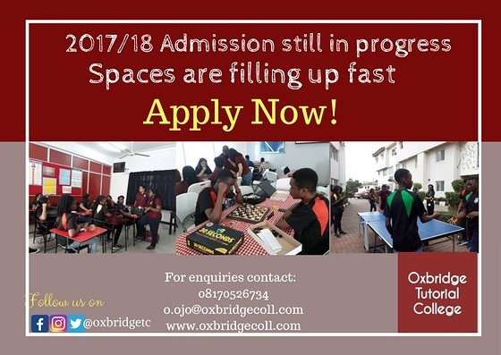 OxbridgeTC's tweet photo. Spaces are filling up fast. Secure yourself a spot at the College now! Don't miss out of this . 
#Oxbridgetutorialcollege 
#tgif https://t.co/QVKuljphrx