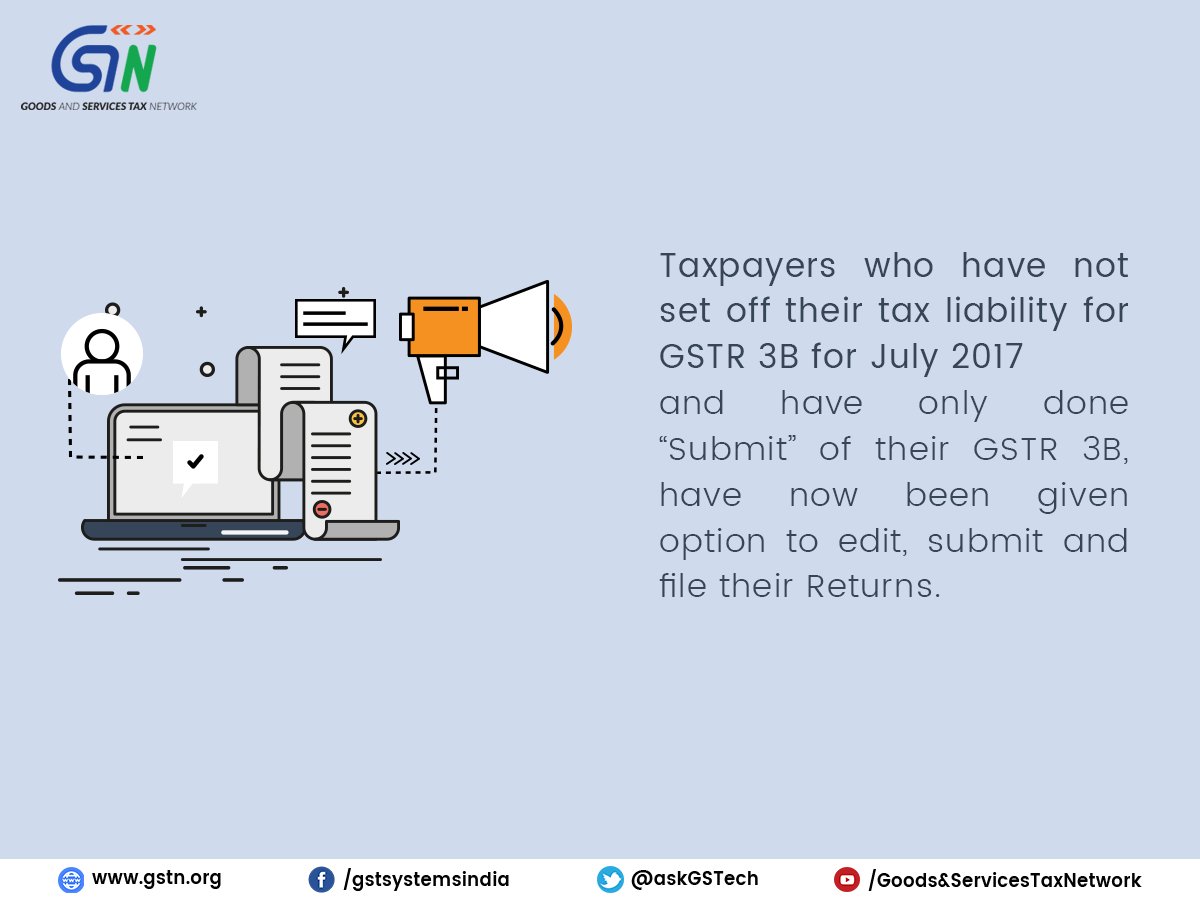 Taxpayers can now edit, submit and file GSTR 3B for July 2017.
