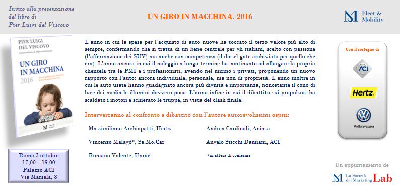 Presentazione del libro "Un giro in macchina 2016" di <a href="/PdelViscovo/">PierLuigi delViscovo</a> - 3 ottobre 2017 dalle 17,00 alle 19,00 - sede ACI Via Marsala, 8, Roma