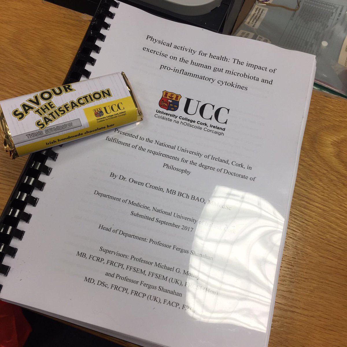 OCCronin's tweet photo. Boom!! PhD thesis submitted..incredibly happy!! Thanks to everyone for the help along the way..too many to thank! @GradCoMH_UCC https://t.co/ufmQ44gZOa