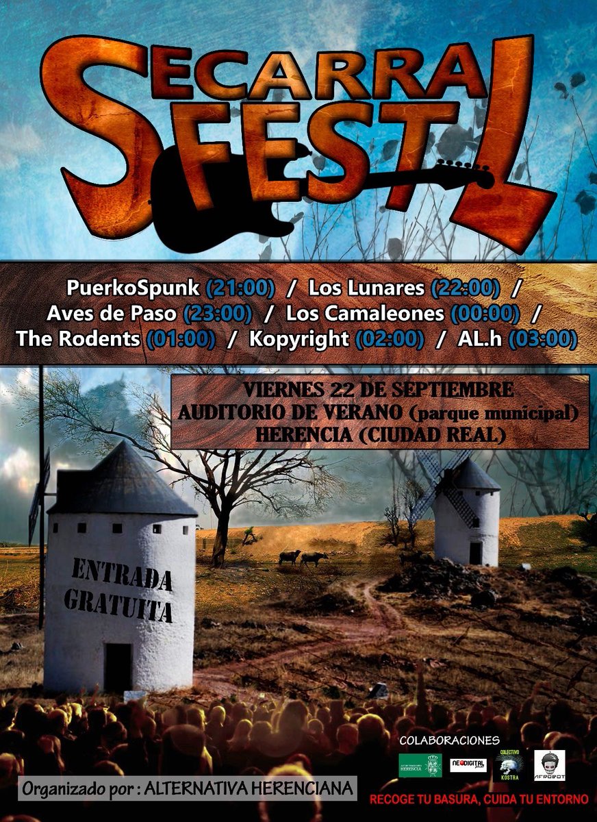 PuerkoSpunk's tweet photo. Hoy tocamos a las 21:00 en el Secarral Fest que se celebra en el auditorio de verano de Herencia (Ciudad Real). ¡¡Allí os esperamos!! ✊✊🤘 https://t.co/8OSkwjvicK