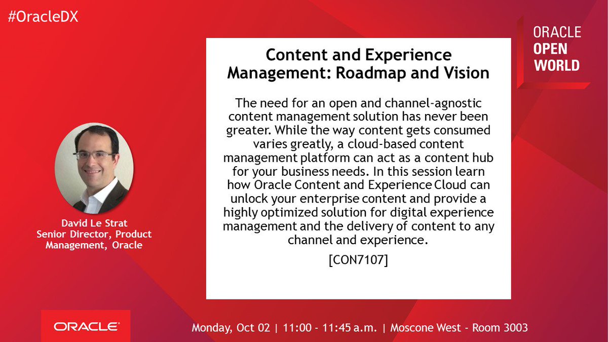 OracleOSS's tweet image. Learn how to unlock your enterprise content in this #OOW17 session with @dlestrat! Add this to your Monday agenda! #OracleDX #Cloud