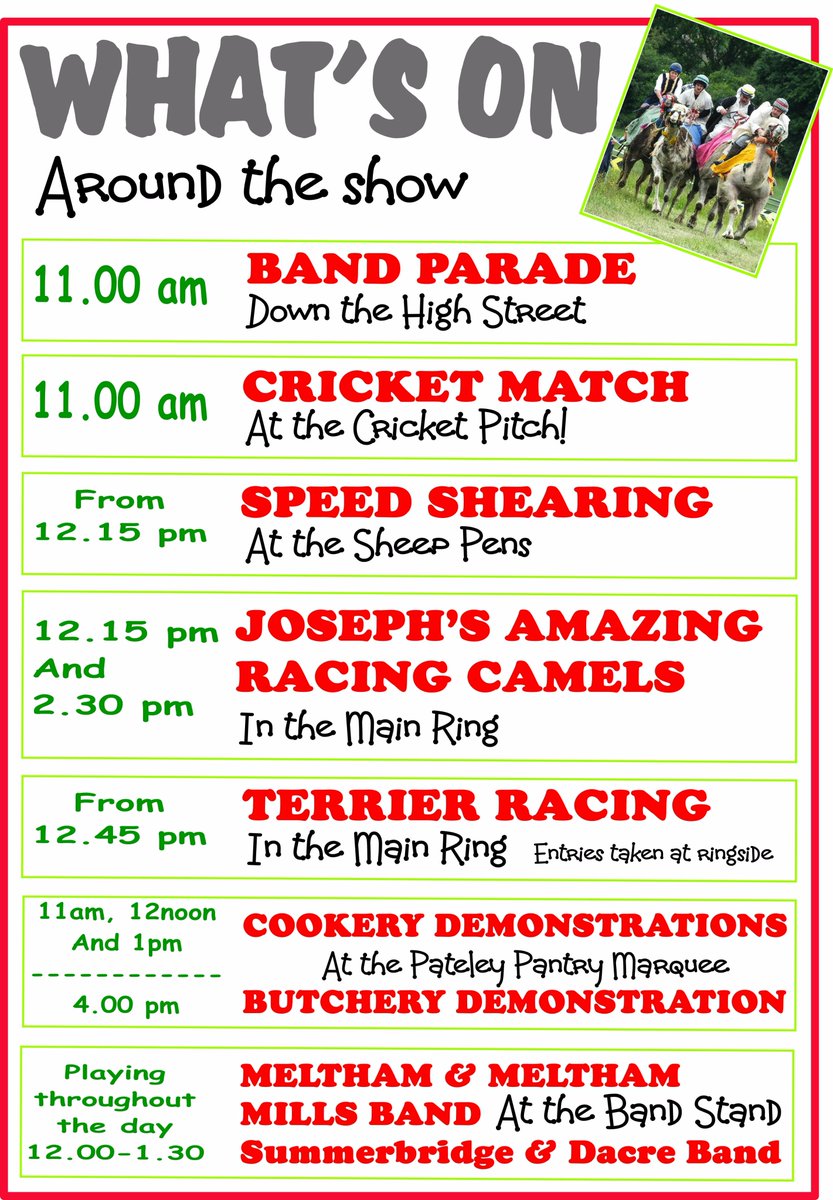 Just a few of the events to see at #NidderdaleShow Monday 25th Sept. <a href="/GaryVerity/">Sir Gary Verity</a> @StrayFM @HARCVS <a href="/chris3554/">Nidderdale Shades</a> <a href="/HgateAdvertiser/">Harrogate Advertiser</a> <a href="/nidderdaleuk/">Pateley & Nidderdale</a>