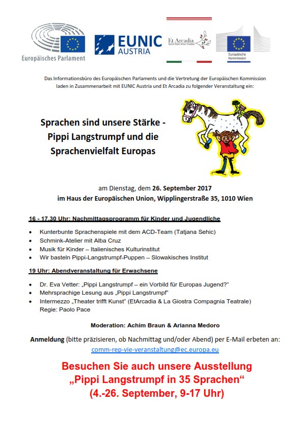 Europarl_AT's tweet photo. 26.09. im #EUHaus: Pippi Langstrumpf u. die Sprachenvielfalt Europas, workshop &amp; EU-Quiz für Kinder und Erwachsene: https://t.co/DiCrXgFcjq https://t.co/2aJvU2UAO8