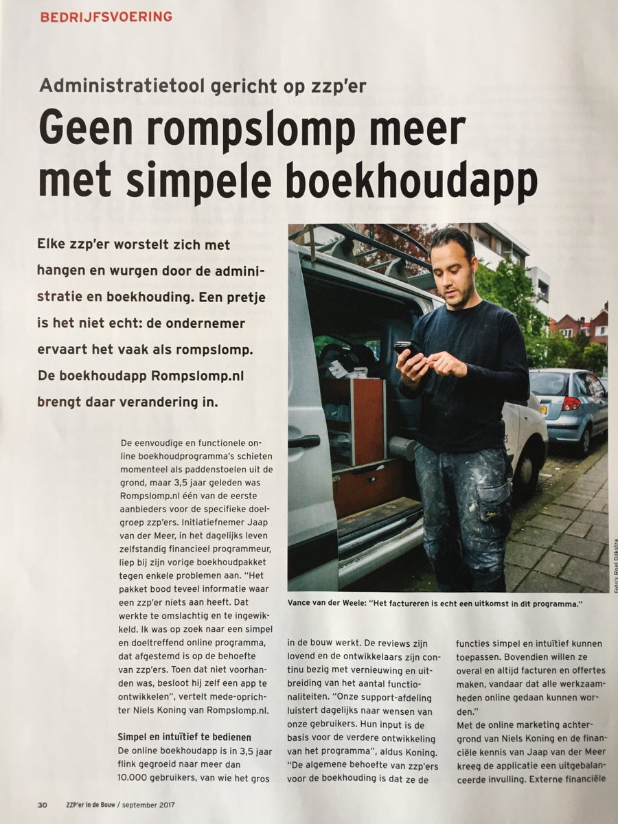 RompslompNL's tweet photo. Vakblad @zzperindebouw schreef over ons en hoe Rompslomp door zzp'ers in de bouw gebruikt wordt! #zzp #boekhoudprogramma #rompslomp #bouw https://t.co/evykyUALeq