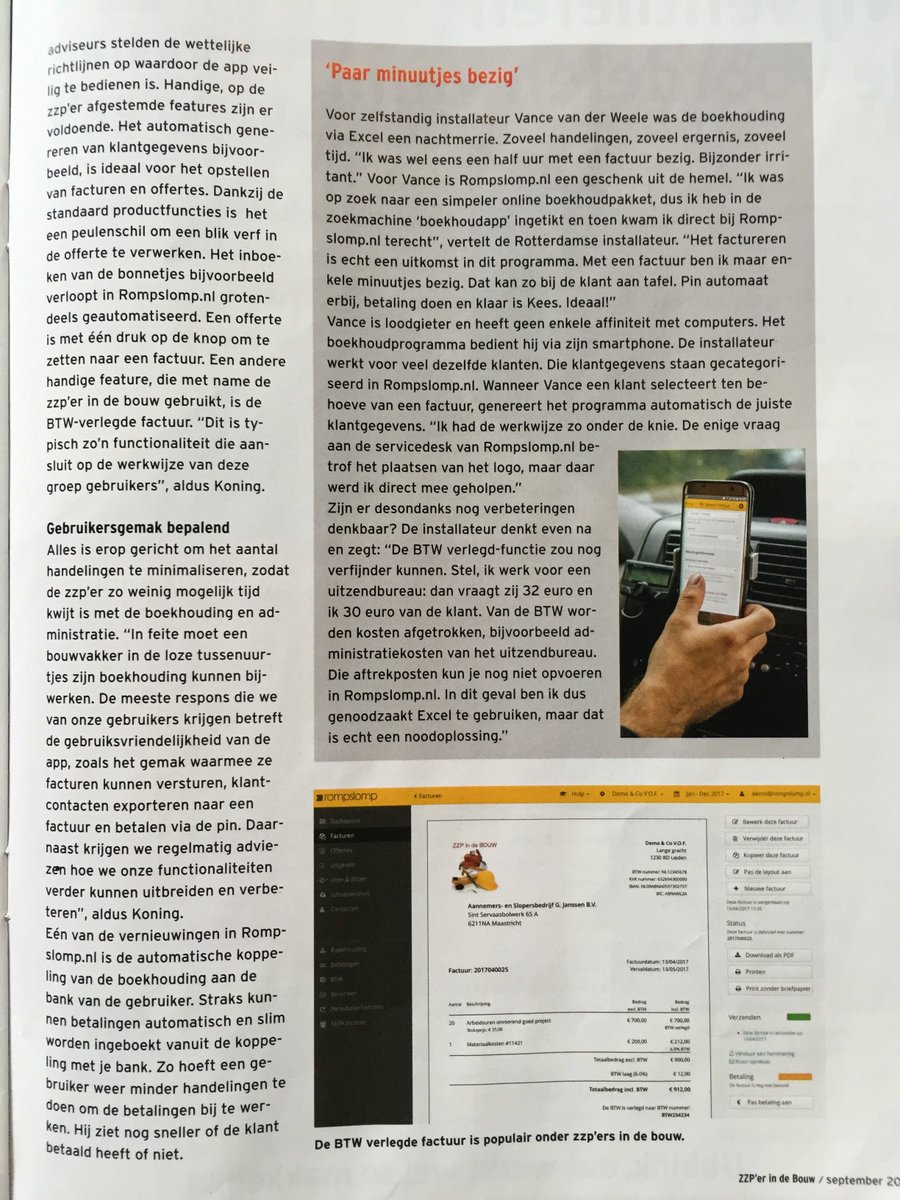 RompslompNL's tweet photo. Vakblad @zzperindebouw schreef over ons en hoe Rompslomp door zzp'ers in de bouw gebruikt wordt! #zzp #boekhoudprogramma #rompslomp #bouw https://t.co/evykyUALeq