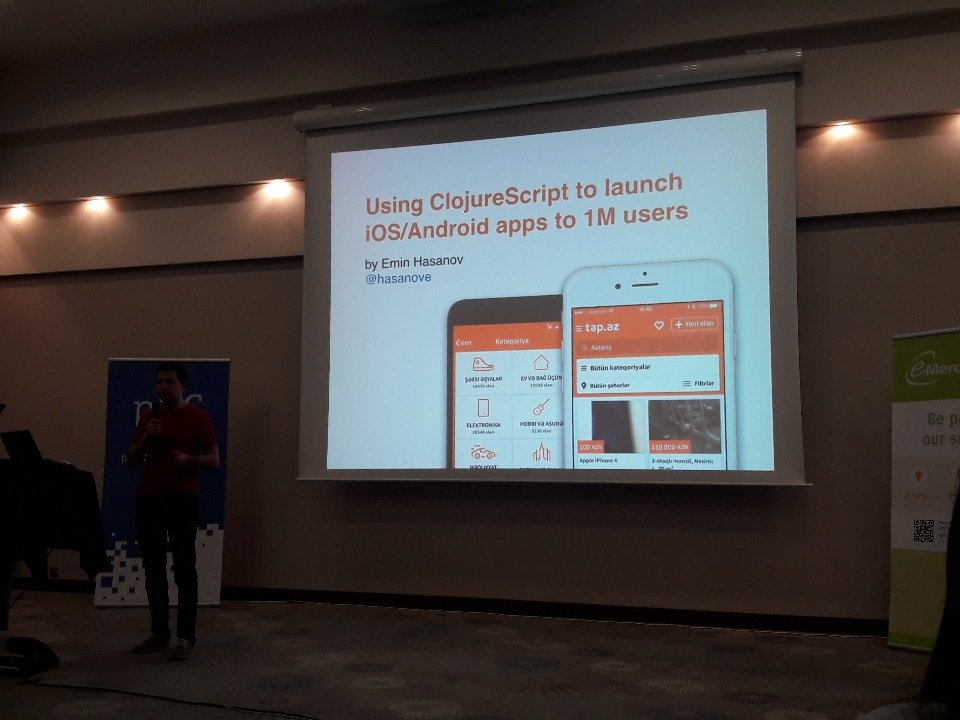 <a href="/hasanove/">Emin Hasanov</a> regales <a href="/partialconf/">partial :: Conf</a> with the story of how ClojureScript powers apps for the primary classified ads platform in Azerbaijan, tap.az