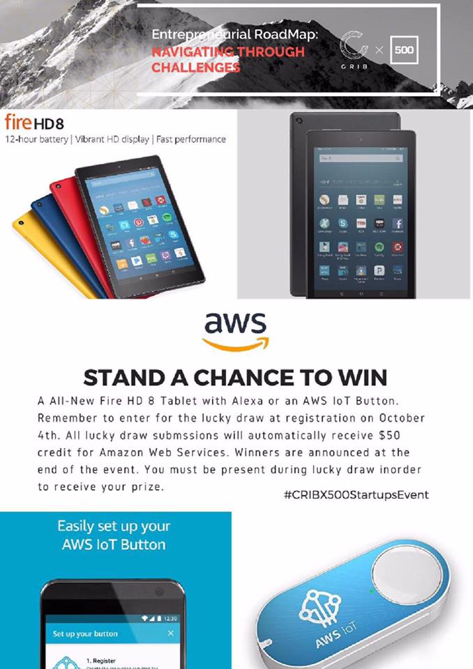 Your ticket to #CribX500StartupsEvent might just win for you the latest Fire HD8 Tablet with Alexa or AWS loT button...Thanks to <a href="/awscloud/">Amazon Web Services</a> !