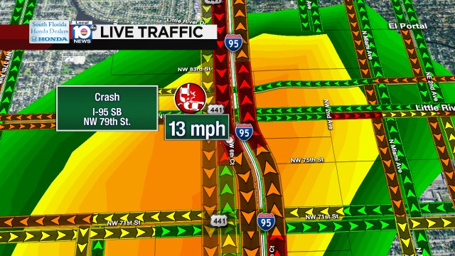 CRASH: I-95 SB & NW 79th St. Speeds are clocking in at 13 MPH expect heavy delays. #TRAFFIC #MIAMI https://t.co/5vrP5F11cC