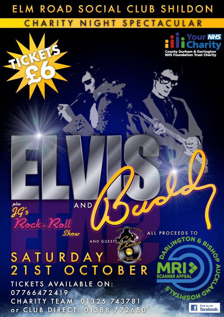 CDDFTCharity's tweet photo. Charity night Sat 21 Oct @ Elm Road Working Man’s Club, Shildon.  
Rock-n-Roll, Buddy Holly &amp; Elvis Presley tribute with raffle. Tickets £6 https://t.co/r1k4jUeqrx
