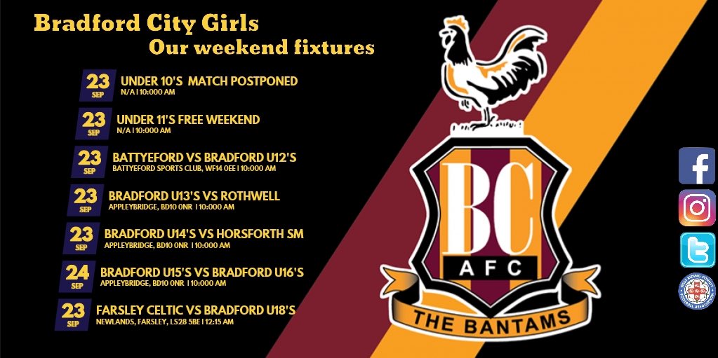 This weekends fixture! Good luck to all our girls, enjoy every minute! ⚽️👍🏼💪🏼⚽️🤙🏼 #BCAFC #bcwfc #thefuture #bantams
