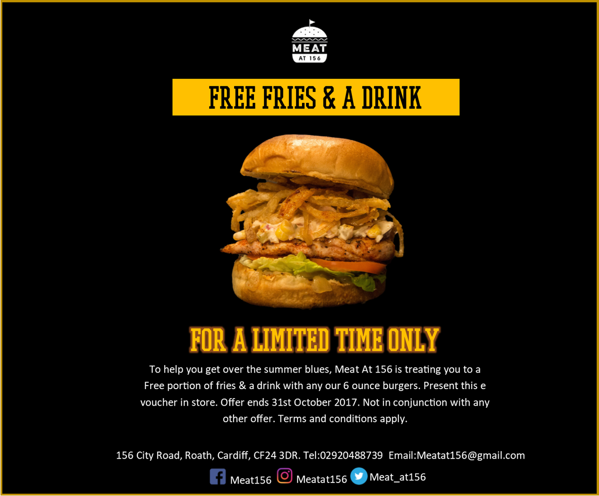 Missing Summer? 
Thought we would help.
Free Fries 🍟
Free Drink 🍹
With any 6 ounce Burger 🍔
#VisitCardiff #StudentDiscount #CardiffFood