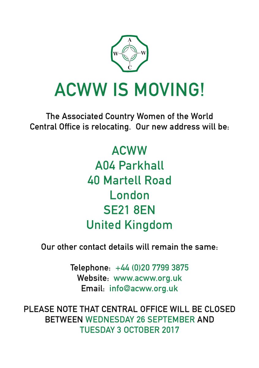acww_projects's tweet image. ACWW Central Office is moving! From 3 Oct 17, we will be at: ACWW, A04 Parkhall, 40 Martell Rd, London SE21 8EN. Office closed 27 Sep-3 Oct