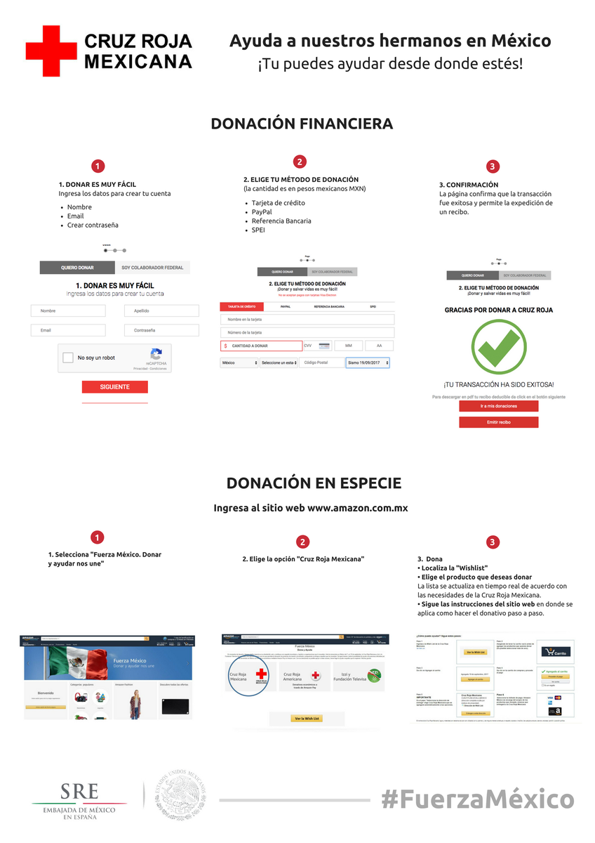 EmbaMexEsp's tweet photo. ¡Tu puedes ayudar desde donde estés! Las donaciones desde el extranjero #SismoMX se canalizarán a través de @CruzRoja_MX  #FuerzaMéxico 🇲🇽 https://t.co/MkjskLH7Sm