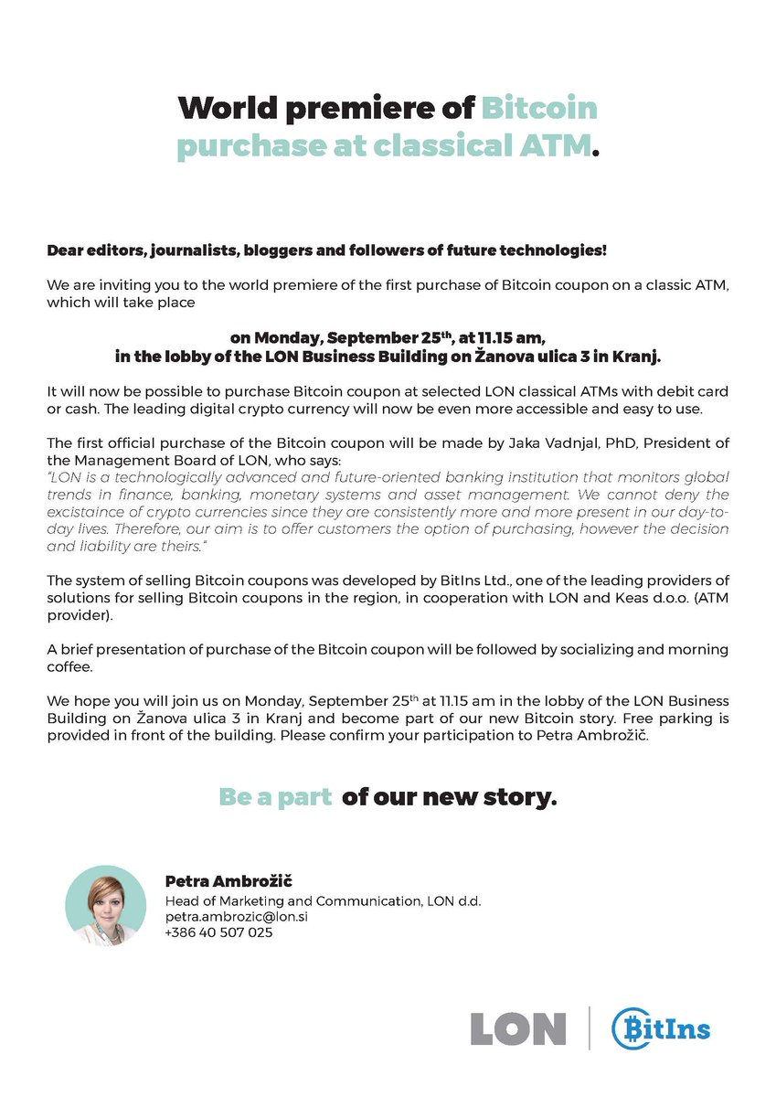 LONslovenija's tweet image. We are inviting you to World premiere of Bitcoin
purchase at classical ATM 😀👍 #bitcoin #ethereum #cryptocurrency #event #LONtech