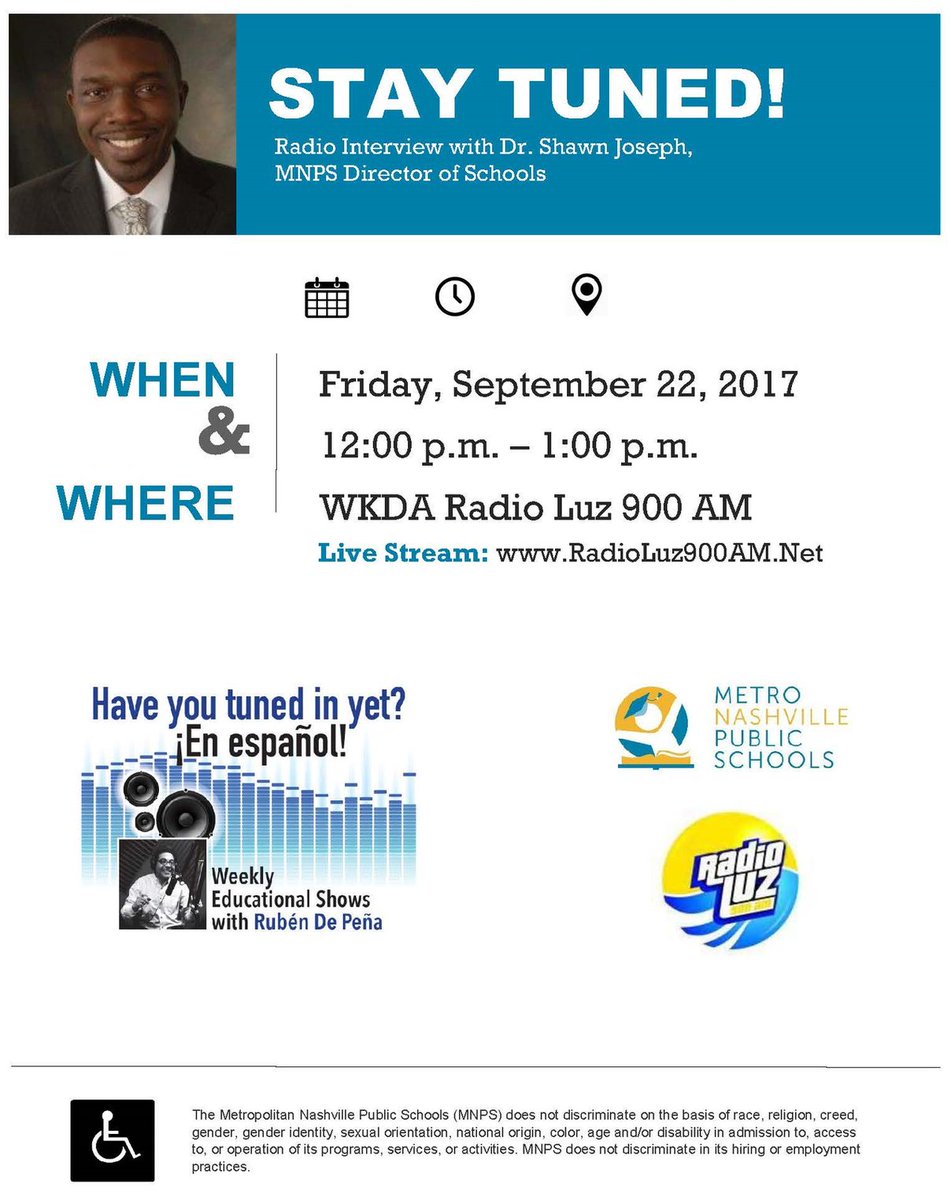 MetroSchools's tweet photo. Tune in to WKDA Radio Luz 900 AM today at noon to hear an interview with @MNPSDirector. #ExceedingGreatExpectations https://t.co/mC1K23cOrN