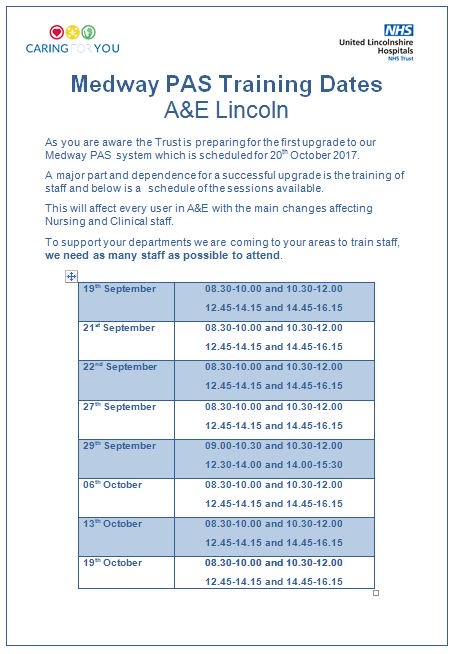 ULHT_Digital's tweet photo. A&amp;E MEDWAY PAS USERS! Please ensure you are trained on the forthcoming upgrade. An ICT Trainer will be coming to your area. Details attached https://t.co/OTQbk45ZCU