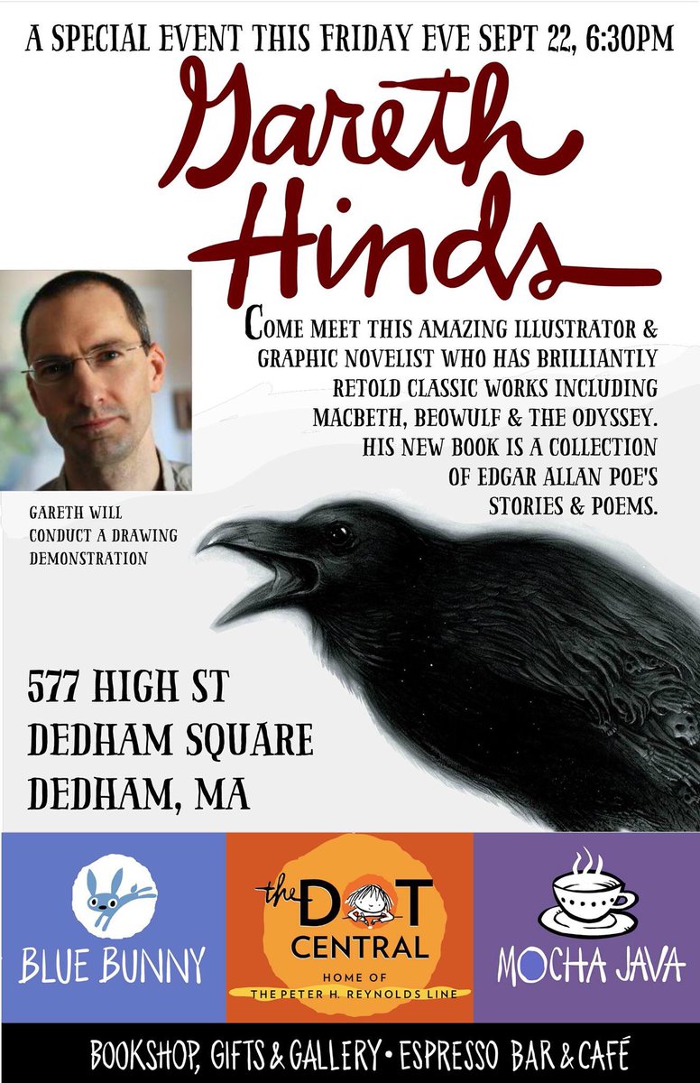 FablePaul's tweet photo. Excited about @garethhinds coming to @BlueBunnyBooks @MochaJavaDedham aka #DotCentral tonight! 6:30pm @dedhamsquare @CandlewickClass https://t.co/Pn9caKxHiI