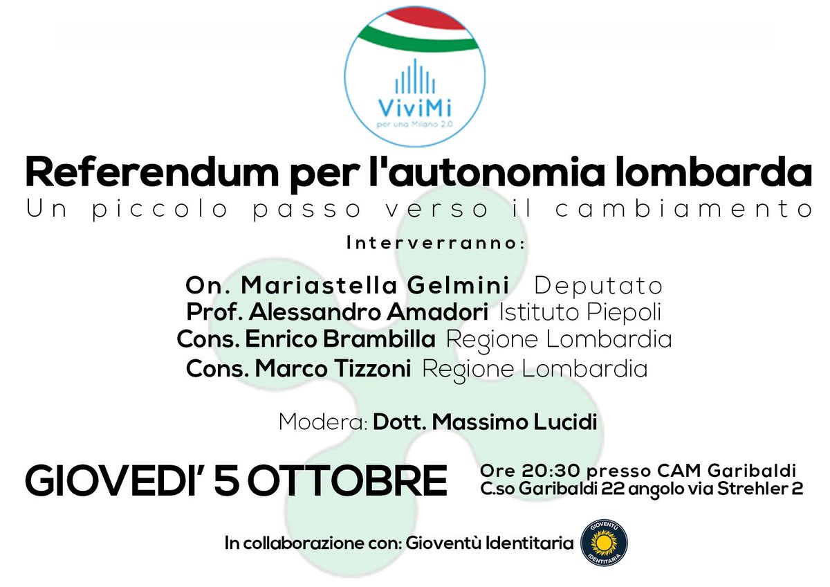 GIOVEDÌ5 alle20:30 al CAM Garibaldi, parleremo del REFERENDUM SULL'AUTONOMIA con <a href="/msgelmini/">Mariastella Gelmini</a> <a href="/alessandroamad5/">Alessandro Amadori</a> <a href="/TizzoniMarco/">Marco Tizzoni</a> #Brambilla