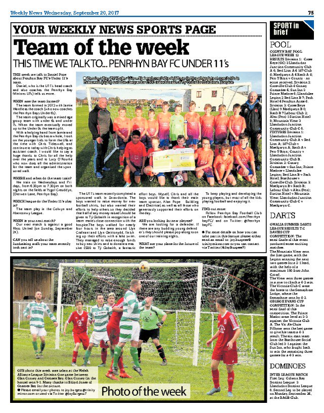 Many thanks to Daniel Pope &amp; the <a href="/PenrhynBayFC/">Penrhyn Bay FC</a> Under 11's for taking part in the <a href="/NWWeeklyNews/">NorthWalesWeeklyNews</a> Team of the Week q&amp;a.