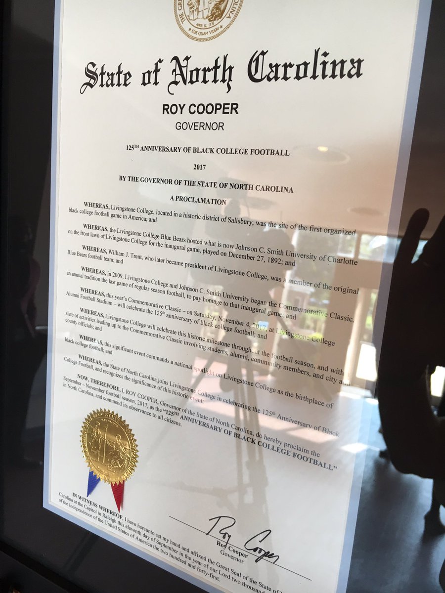 DavidWhisenant's tweet photo. Proclamation @NC_Governor honoring Livingstone College and the 125th anniversary of Black College Football. #startedhere https://t.co/nA3kVPOnWC