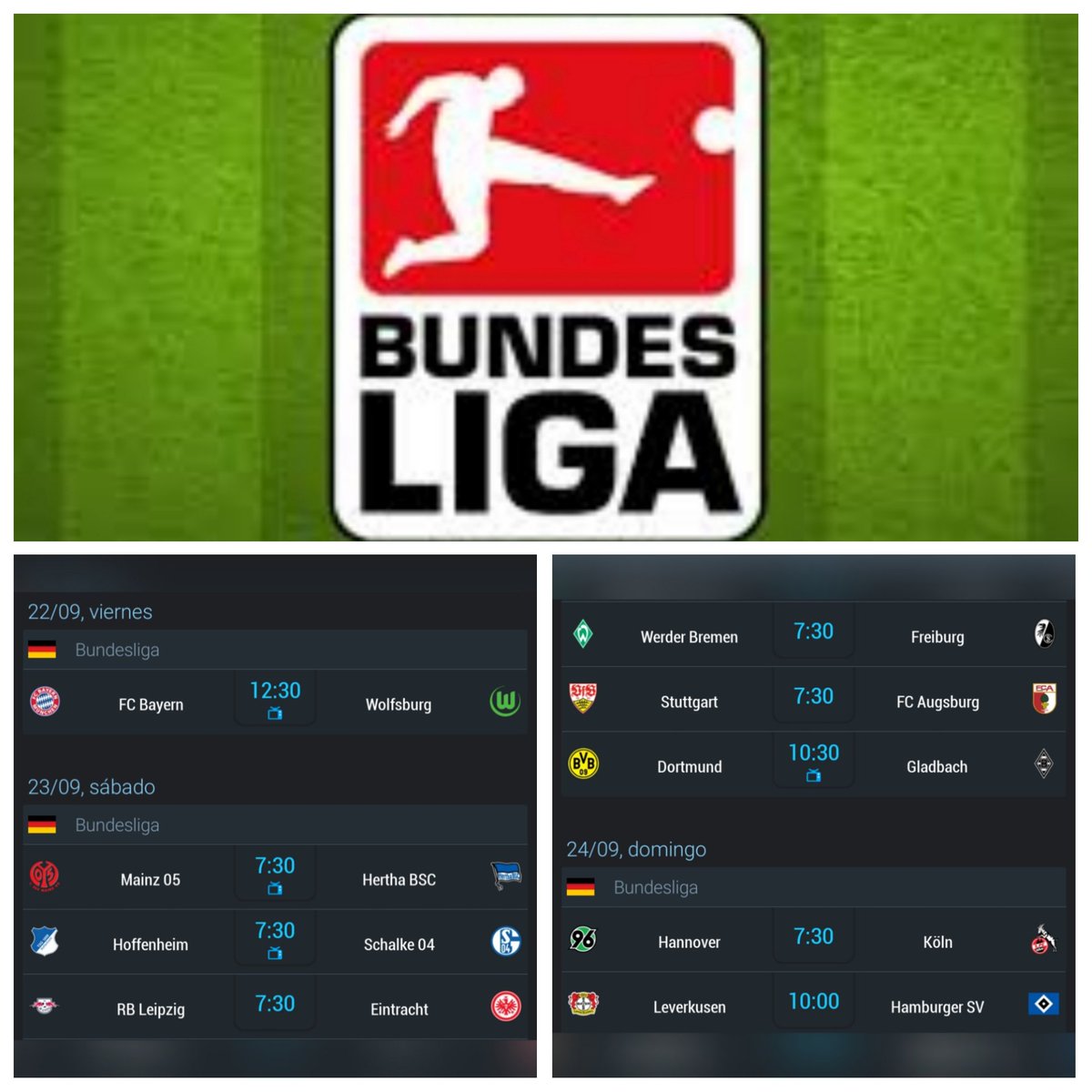 's tweet image. #Bundesliga Fecha 6 🇩🇪
#BorussiaDortmund busca mantener el liderato cuando reciba al #BMGladbach ; #BayernMunich recibe al #Wolfsburg