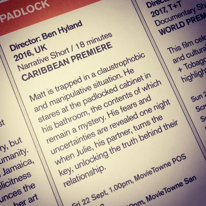 Ben_S_Hyland's tweet image. Padlock screening today and tomorrow at Trinidad + Tobago Film Festival. Starting @ValmikeR @GinaBramhill @RebeccaGrant4