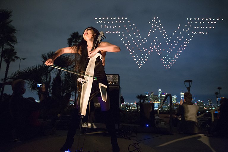 Last week's #WonderWoman drone light show - feat.Tina Guo performing the film's theme song. intel.ly/2ykB1h6