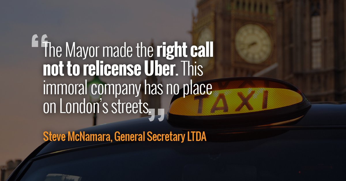 TheLTDA's tweet photo. Here's how our General Secretary reacted to TfL’s decision to keep #Uber off the streets of our great city – please RT: #uberlondon https://t.co/lJheS9Z0BA