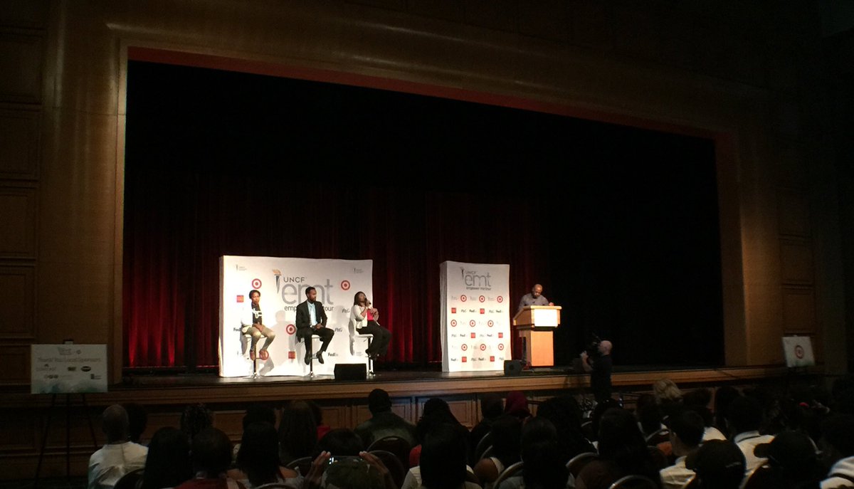 UNCF's tweet photo. Superstar panel #HBCU student Talaya, @wellsfargo rep Mustafa &amp; @CAU admissions officer! Preparing for College Town Hall. #EmpowerMeTour https://t.co/sJmCOyEic8