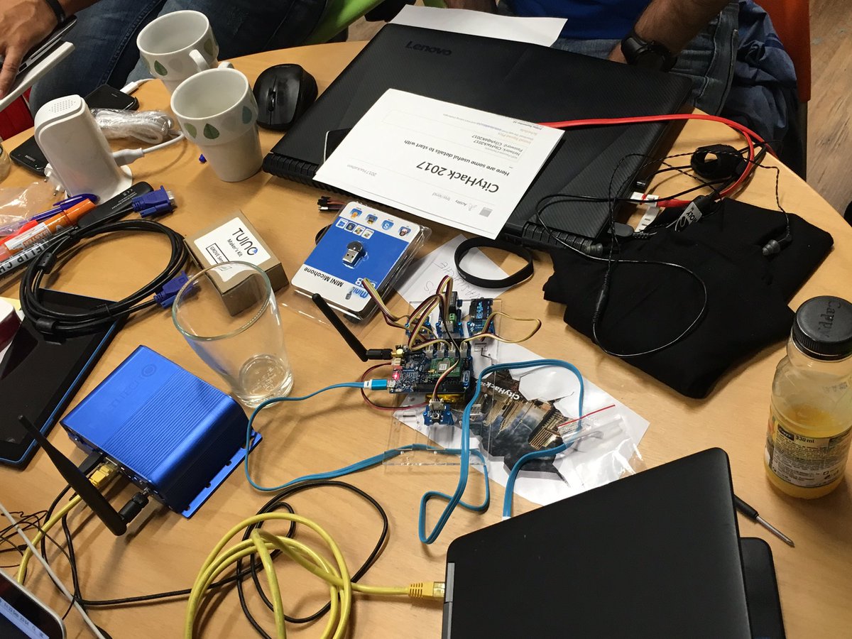 Actility's tweet photo. @gimasiSA #LoRaWan devkit & @MultiTechSys GW at the heart of the #Cityhack2017 iot challenge! Device, network, apps...what else! https://t.co/7TpvDnBRVv