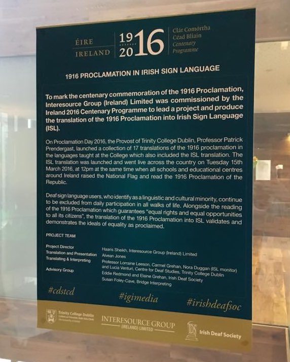 Proud to see our ISL translation of The 1916 Proclamation at the Dublin Language Garden. #YestoISL #@igimedia @irishdeafsociety @CDSTCD