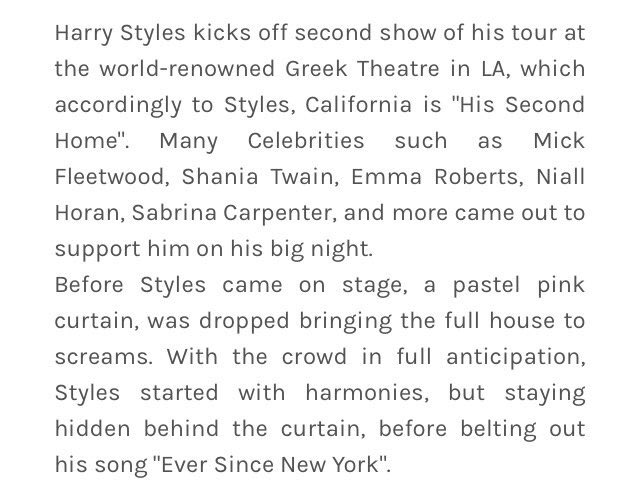 manicformusic's tweet photo. Review on Harry Styles' Greek Theatre Show! 
Written by @sophiebaldwinnn for ManicForMusic https://t.co/xB2Fnibo2r